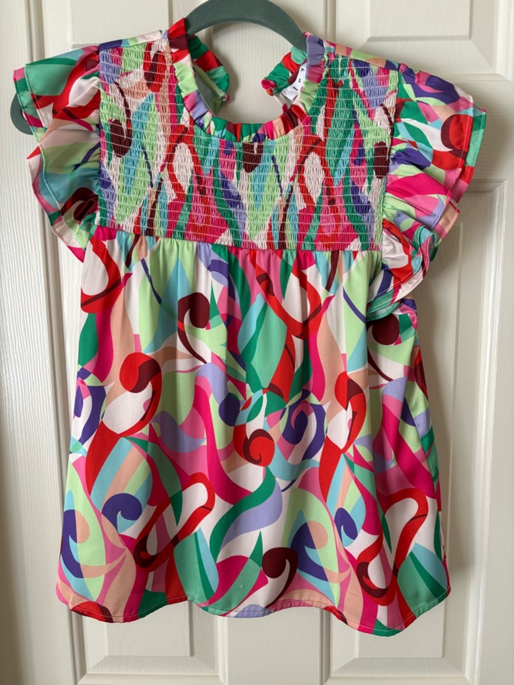THML Multicolor Abstract Print Smocked Flutter Sleeve Blouse